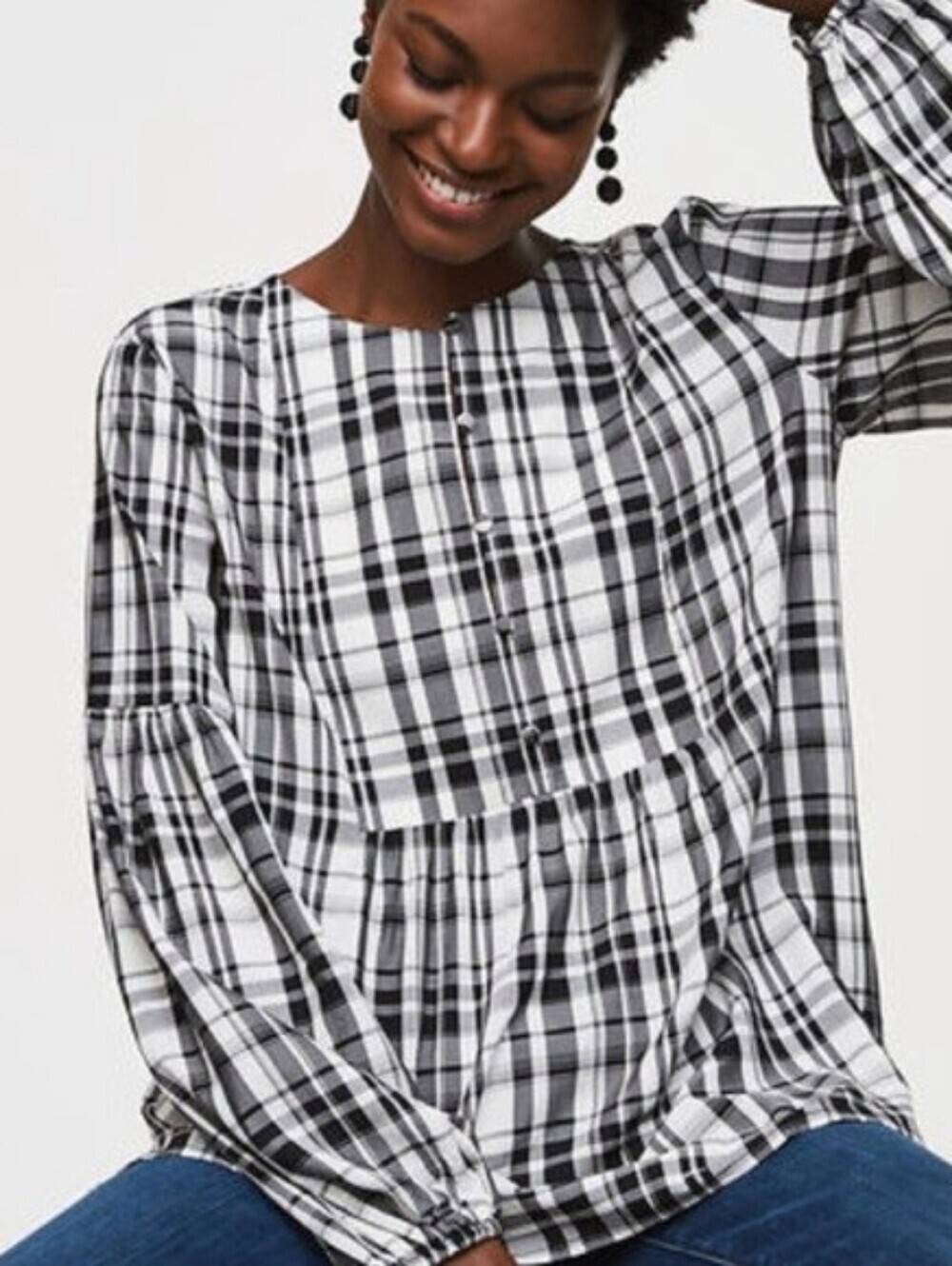 Ann Taylor Loft Black Ivory Plaid Henley Blouse Top Baloon Sleeves Button Sz XL